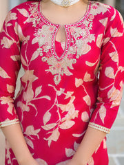 Women Red Viscose Rayon Embroidered Straight Kurta Trousers With Dupatta-PKSKD3182