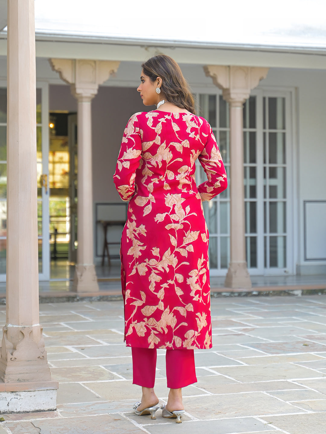 Women Red Viscose Rayon Embroidered Straight Kurta Trousers With Dupatta