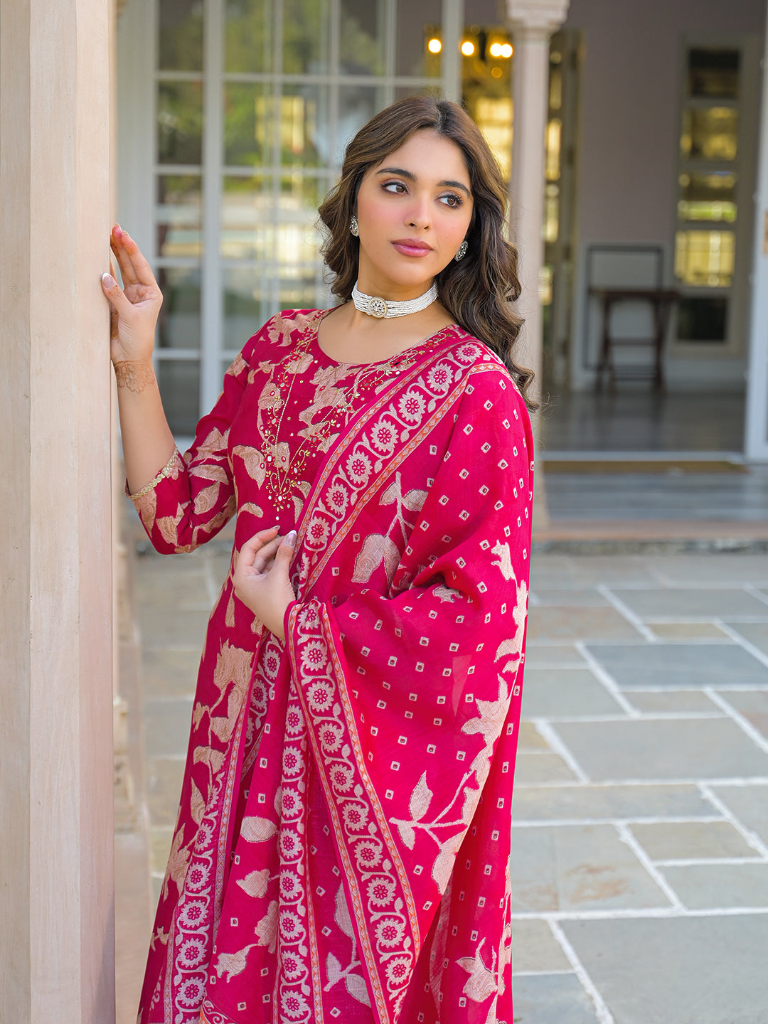 Women Red Viscose Rayon Embroidered Straight Kurta Trousers With Dupatta