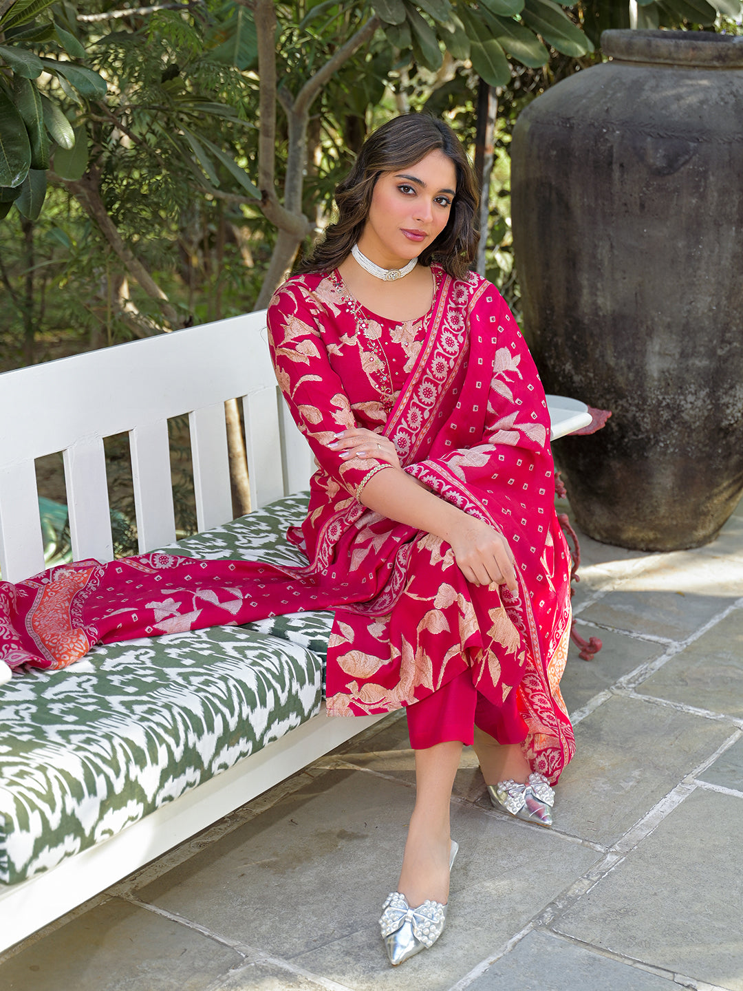 Women Red Viscose Rayon Embroidered Straight Kurta Trousers With Dupatta