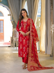 Women Red Viscose Rayon Ikat Embroidered Straight Kurta Trousers With Dupatta-PKSKD3185