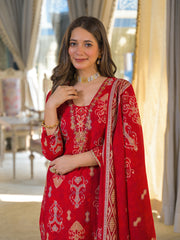Women Red Viscose Rayon Ikat Embroidered Straight Kurta Trousers With Dupatta-PKSKD3185