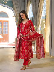 Women Red Viscose Rayon Ikat Embroidered Straight Kurta Trousers With Dupatta-PKSKD3185