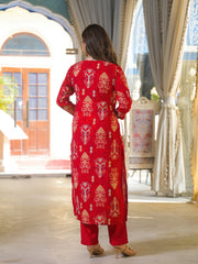 Women Red Viscose Rayon Ikat Embroidered Straight Kurta Trousers With Dupatta-PKSKD3185
