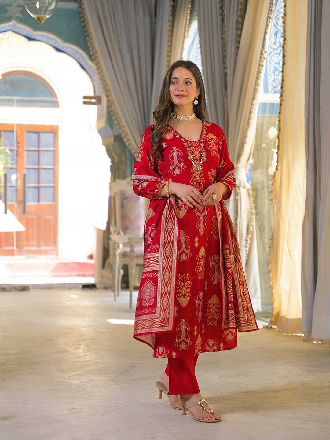 Women Red Viscose Rayon Ikat Embroidered Straight Kurta Trousers With Dupatta