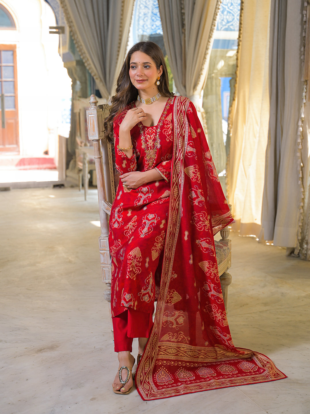 Women Red Viscose Rayon Ikat Embroidered Straight Kurta Trousers With Dupatta