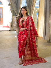 Women Red Viscose Rayon Ikat Embroidered Straight Kurta Trousers With Dupatta-PKSKD3185