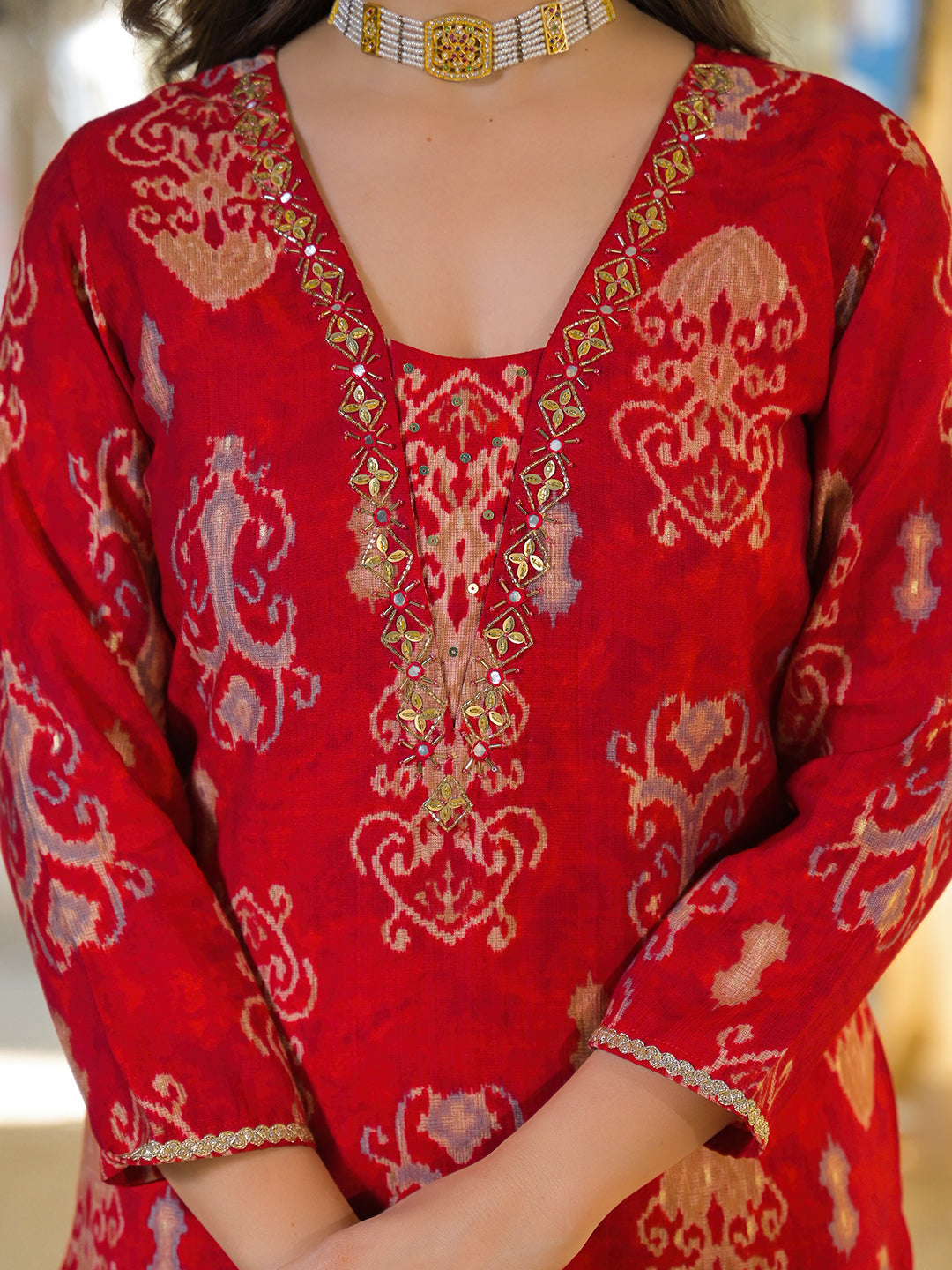 Women Red Viscose Rayon Ikat Embroidered Straight Kurta Trousers With Dupatta