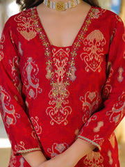 Women Red Viscose Rayon Ikat Embroidered Straight Kurta Trousers With Dupatta-PKSKD3185
