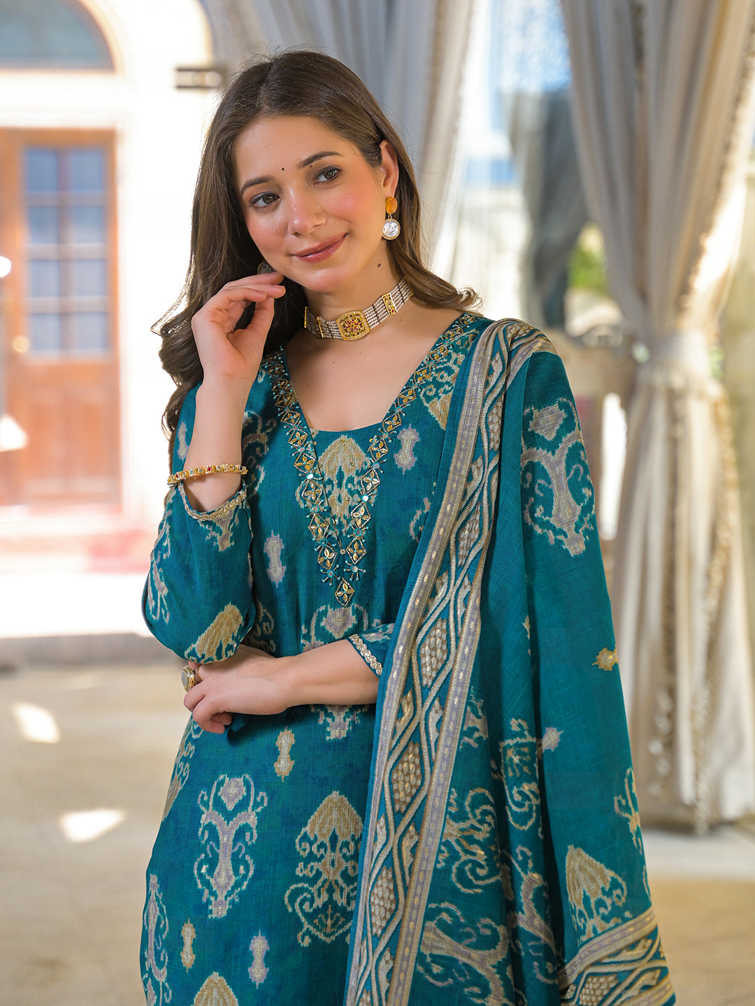 Women Blue Viscose Ikat Printed Straight Kurta Trousers With Dupatta