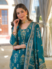 Women Blue Viscose Ikat Printed Straight Kurta Trousers With Dupatta-PKSKD3186
