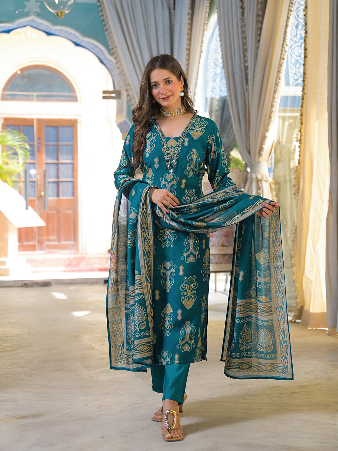 Women Blue Viscose Ikat Printed Straight Kurta Trousers With Dupatta
