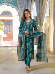 Women Blue Viscose Ikat Printed Straight Kurta Trousers With Dupatta-PKSKD3186