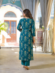 Women Blue Viscose Ikat Printed Straight Kurta Trousers With Dupatta-PKSKD3186