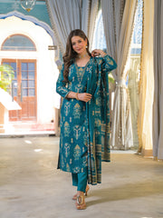 Women Blue Viscose Ikat Printed Straight Kurta Trousers With Dupatta-PKSKD3186