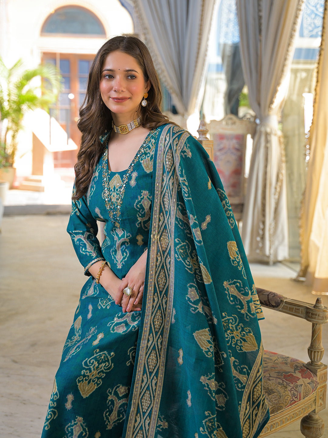 Women Blue Viscose Ikat Printed Straight Kurta Trousers With Dupatta