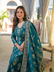 Women Blue Viscose Ikat Printed Straight Kurta Trousers With Dupatta-PKSKD3186