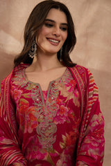 Pink Polyester Floral Printed Straight Kurta Trousers With Dupatta PKSKD3205