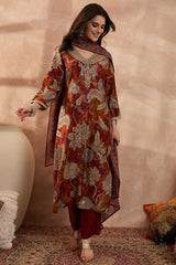 Brown Polyester Floral Printed Straight Kurta Trousers With Dupatta PKSKD3207