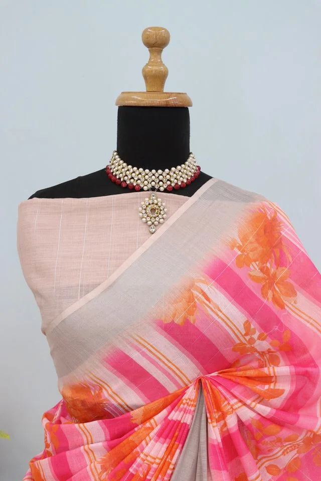 Linen Digital Print Pink Saree With Unstiched Blouse Piece