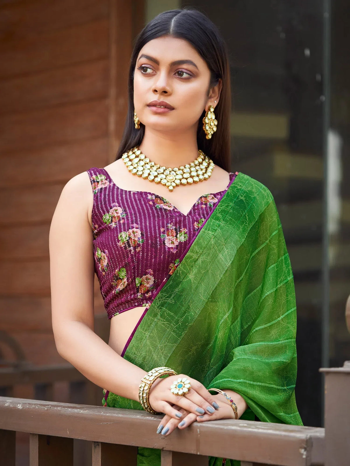 Women's Georgette Green Printed Designer Saree With Blouse Piece-PLTINUM1005
