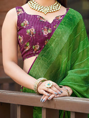 Women's Georgette Green Printed Designer Saree With Blouse Piece-PLTINUM1005
