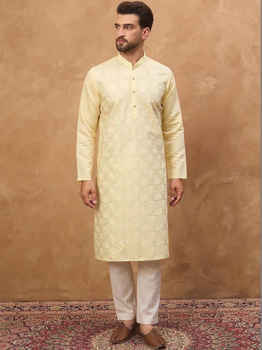 Ethnic Bay Men Yellow Silk Blend Solid Embroidered Straight Kurta With Pant Set-MKSET1467