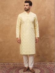 Ethnic Bay Men Yellow Silk Blend Solid Embroidered Straight Kurta With Pant Set-MKSET1467