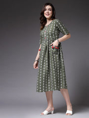 Women's Self Design Cotton Blend Maxi Dress-POPPYGREEN