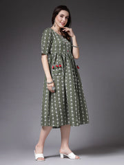 Women's Self Design Cotton Blend Maxi Dress-POPPYGREEN