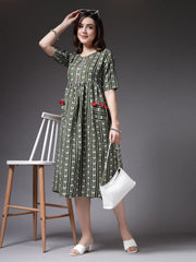 Women's Self Design Cotton Blend Maxi Dress-POPPYGREEN