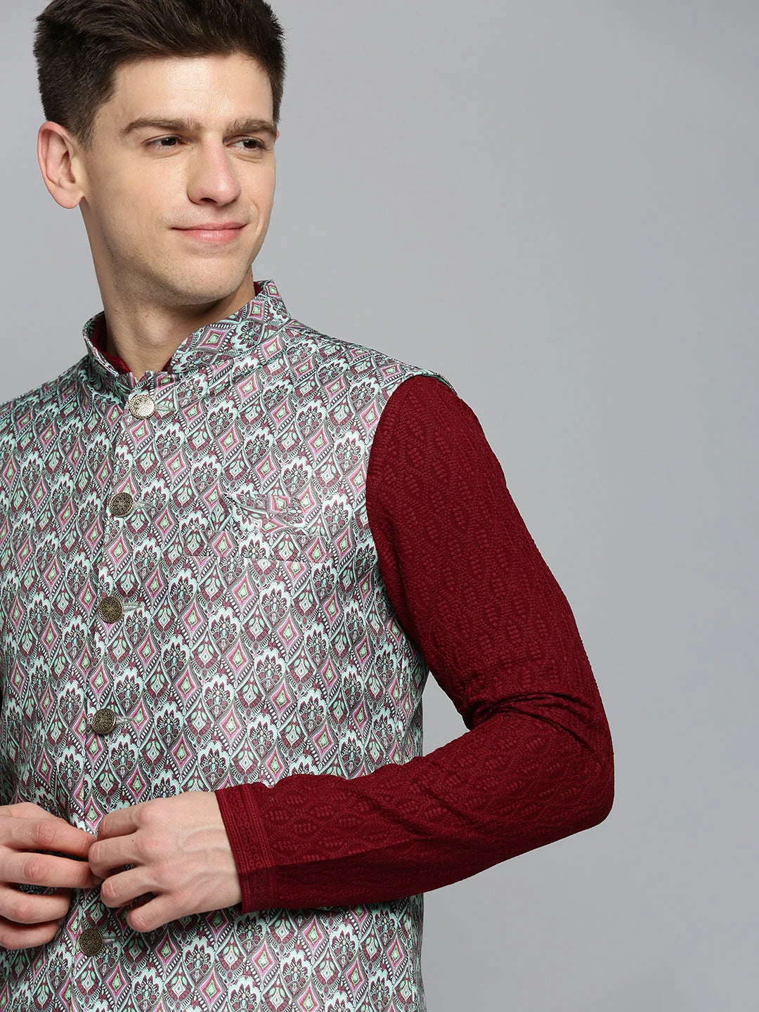 Green Printed Nehru Jacket | Mens Kurta Pajama Set Alternative