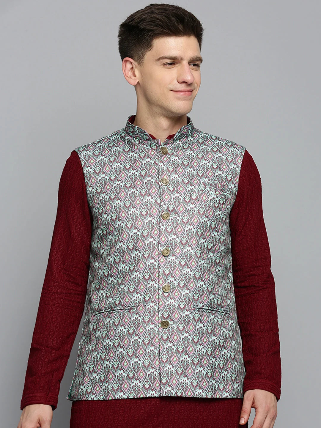 Green Printed Nehru Jacket | Mens Kurta Pajama Set Alternative