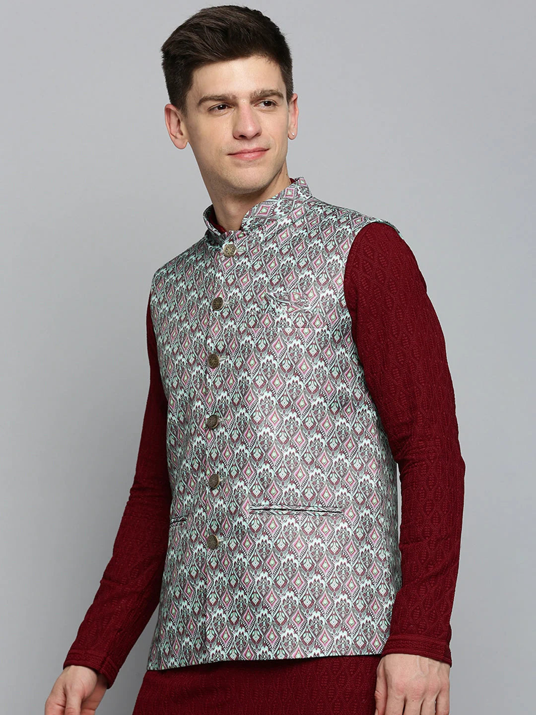 Green Printed Nehru Jacket | Mens Kurta Pajama Set Alternative