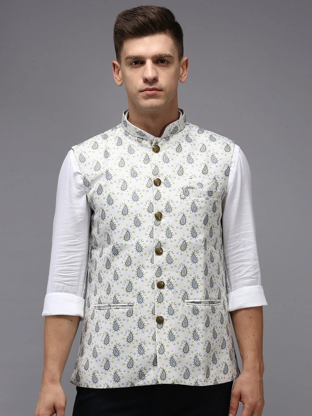 Cream Printed Nehru Jacket - Mens Kurta Pajama Set Online