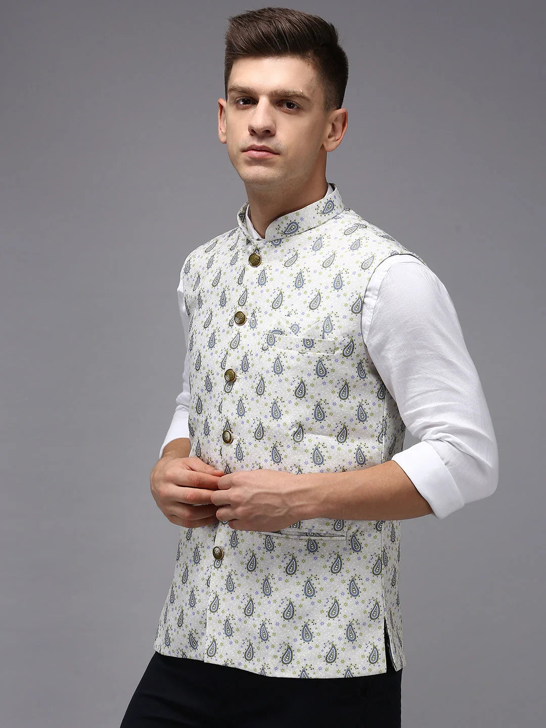 Cream Printed Nehru Jacket - Mens Kurta Pajama Set Online