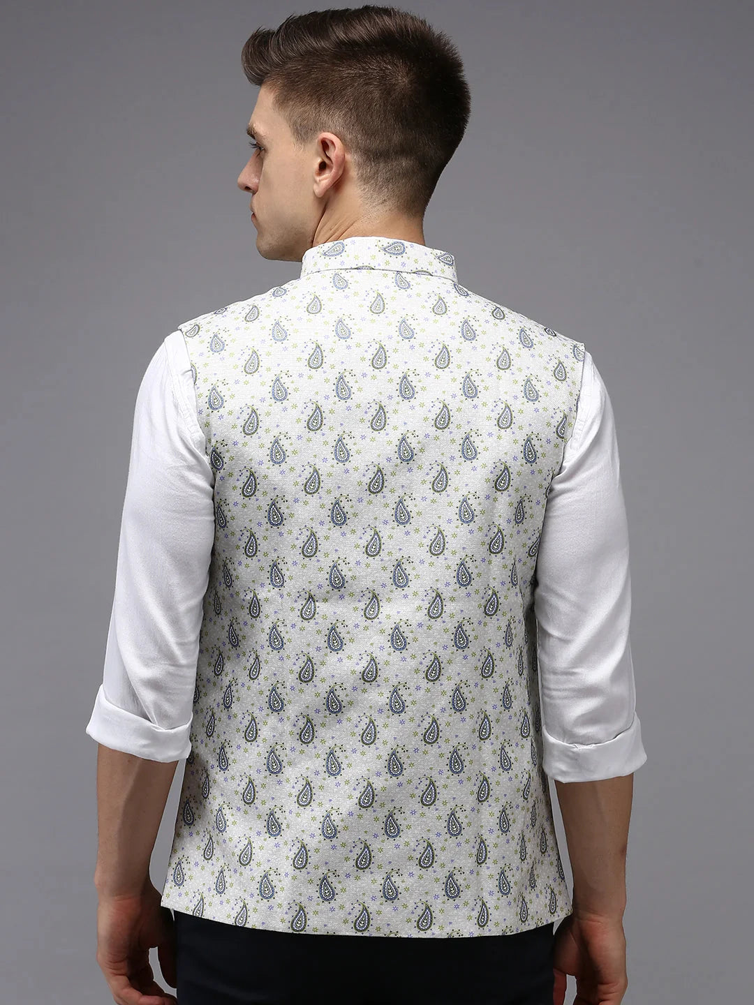 Cream Printed Nehru Jacket - Mens Kurta Pajama Set Online