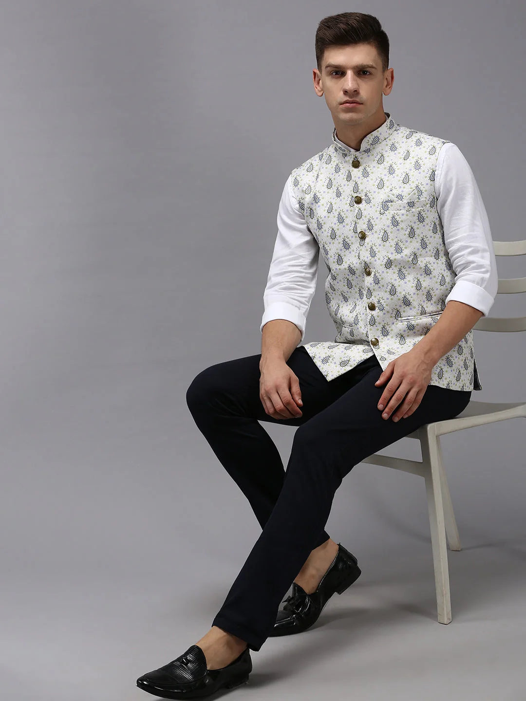 Cream Printed Nehru Jacket - Mens Kurta Pajama Set Online