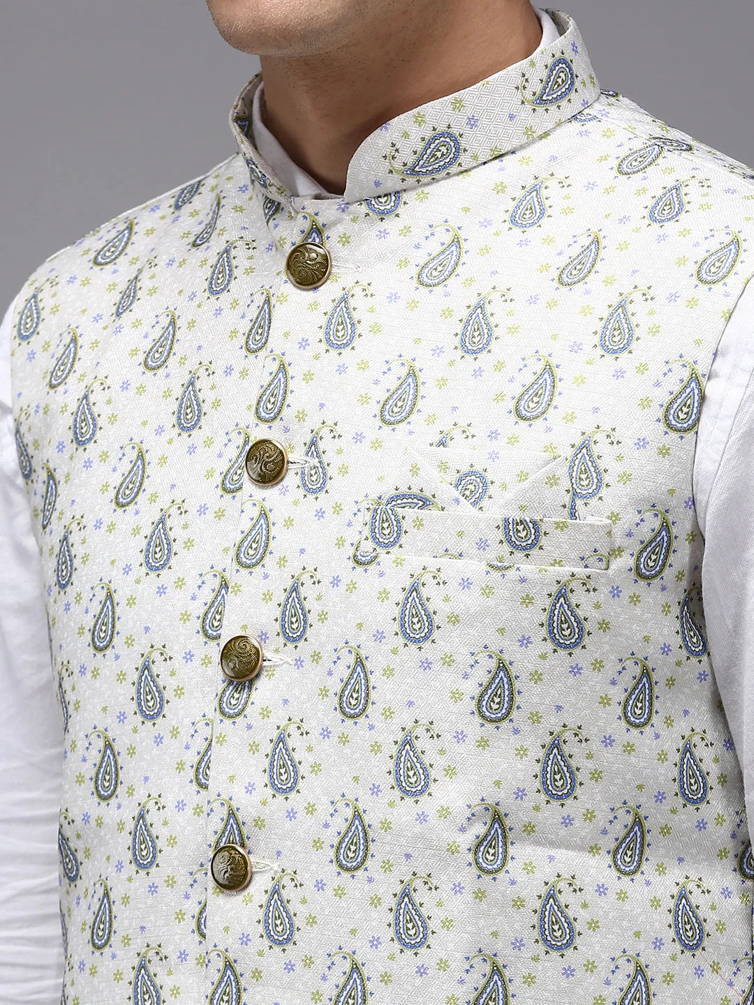 Cream Printed Nehru Jacket - Mens Kurta Pajama Set Online
