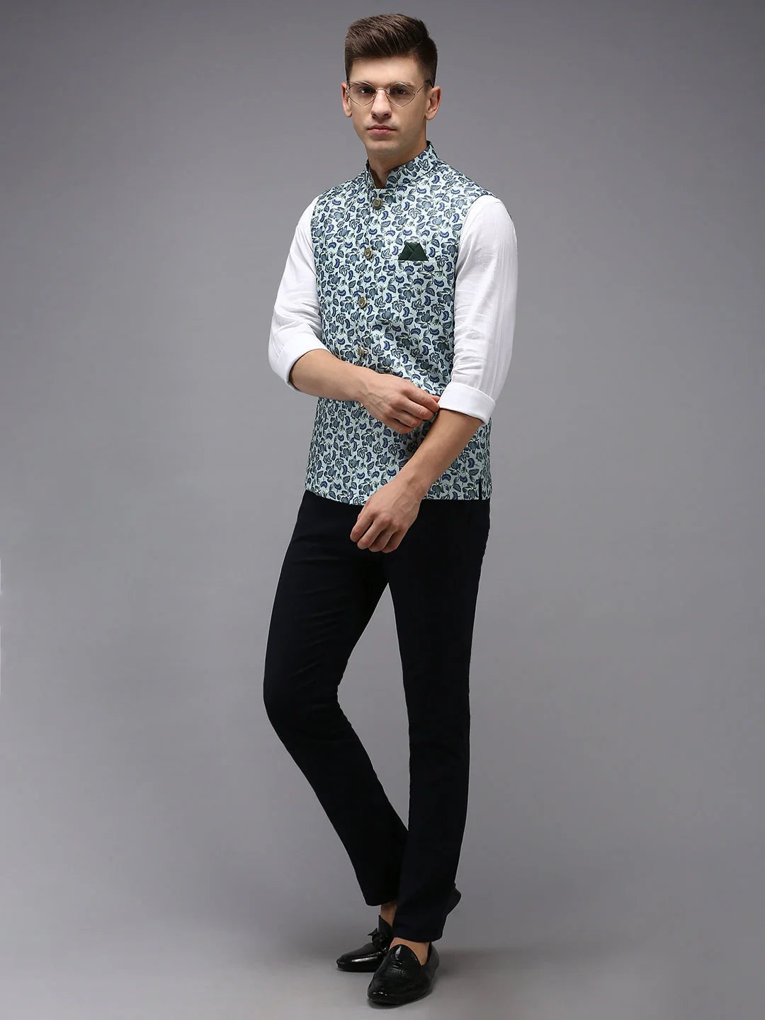 Sea Green Printed Nehru Jacket - Mens Kurta Pajama | Showoff