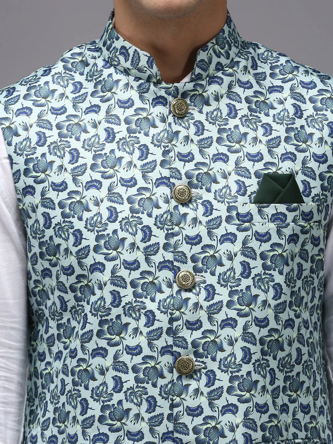Sea Green Printed Nehru Jacket - Mens Kurta Pajama | Showoff