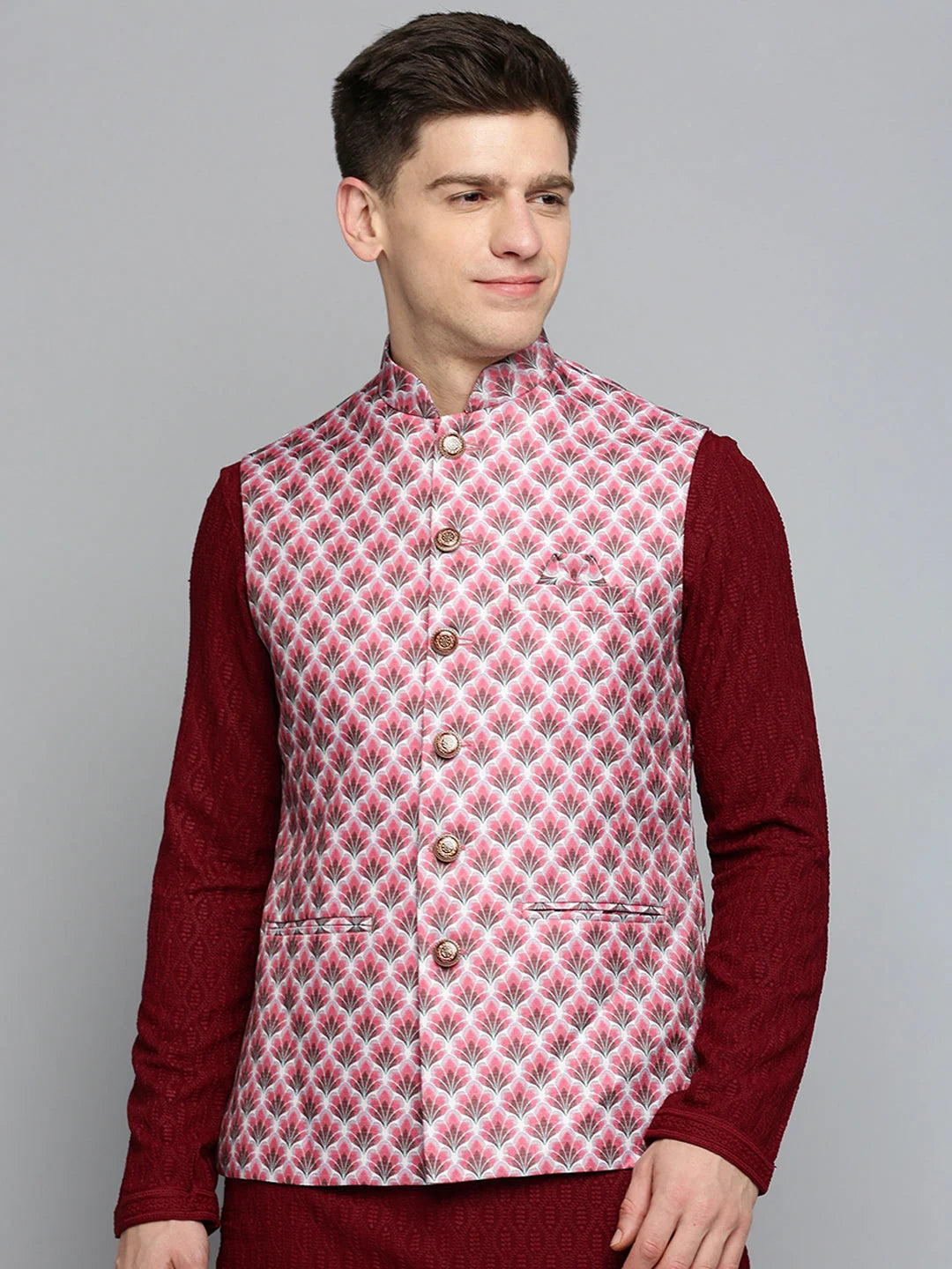 Magenta Printed Nehru Jacket - Mens Kurta Pajama | Showoff