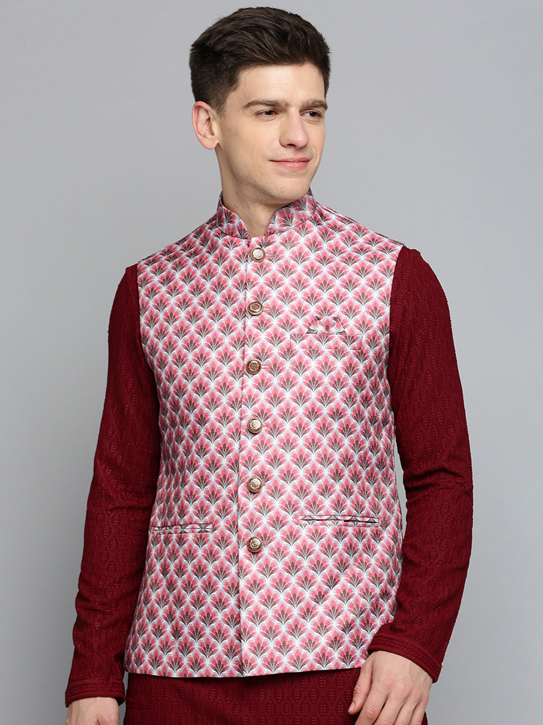 Magenta Printed Nehru Jacket - Mens Kurta Pajama | Showoff