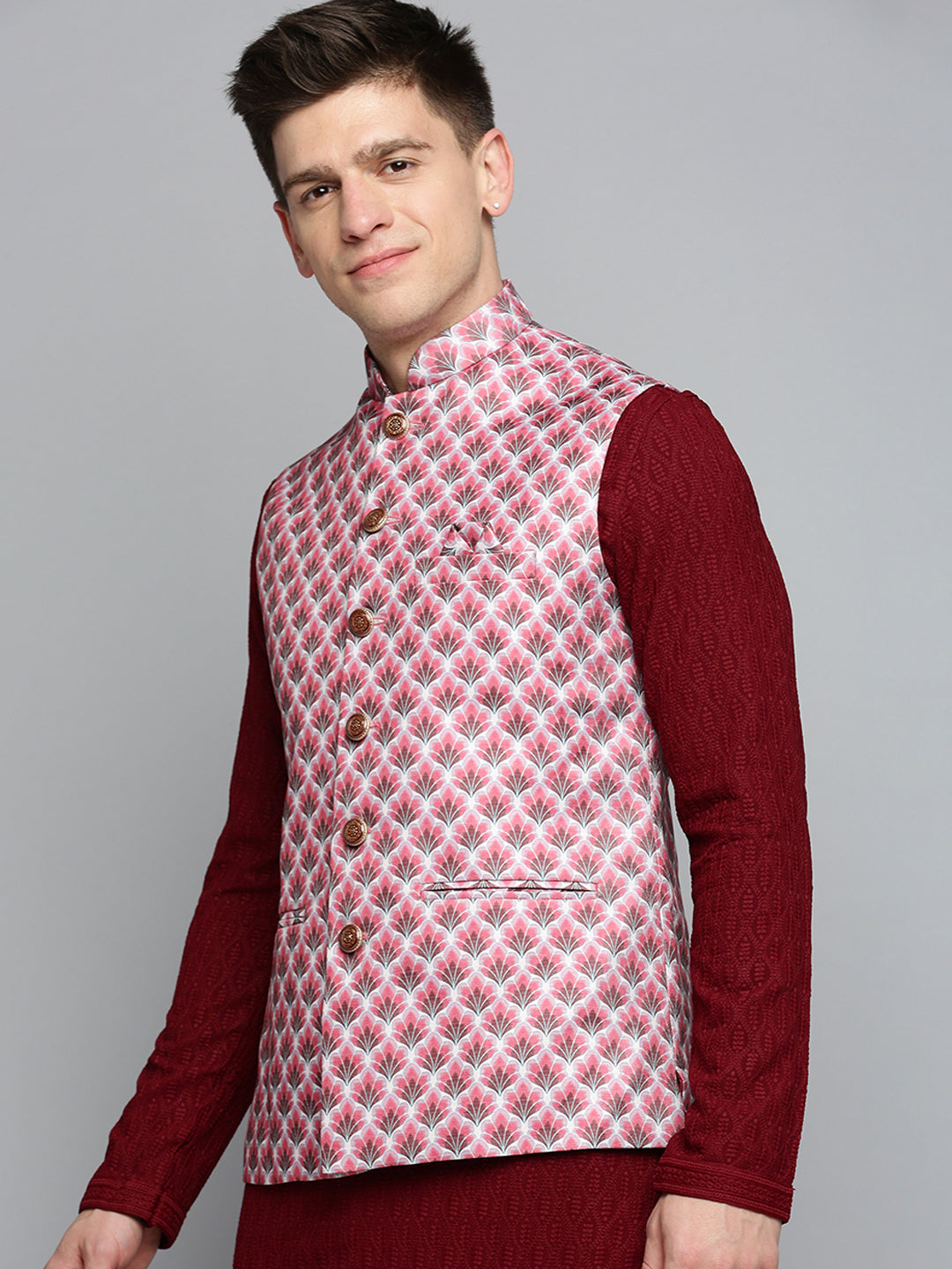 Magenta Printed Nehru Jacket - Mens Kurta Pajama | Showoff