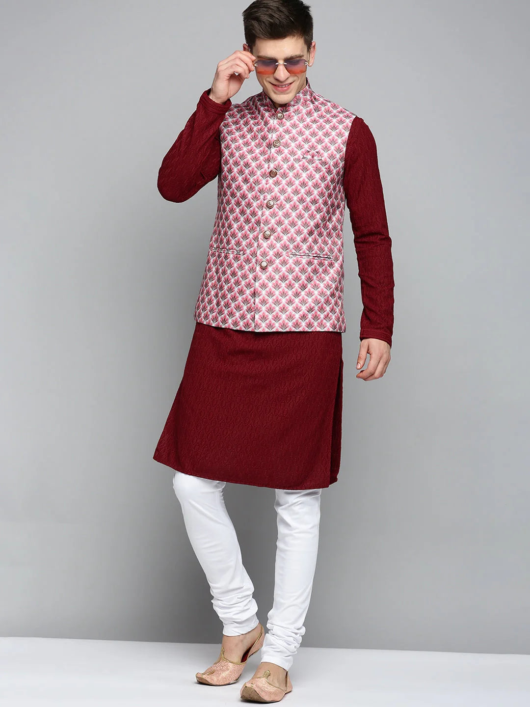 Magenta Printed Nehru Jacket - Mens Kurta Pajama | Showoff