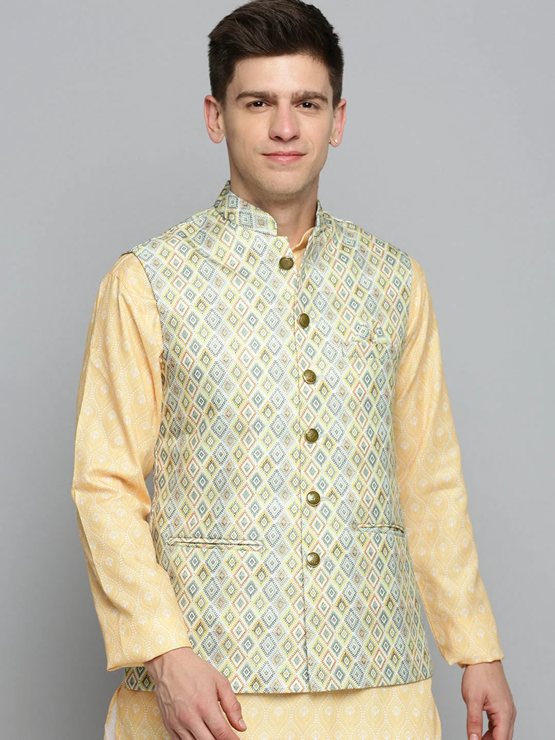 Lime Green Printed Nehru Jacket | Mens Kurta Pajama Sets