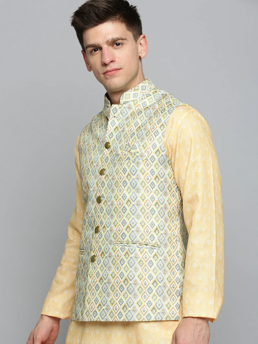 Lime Green Printed Nehru Jacket | Mens Kurta Pajama Sets