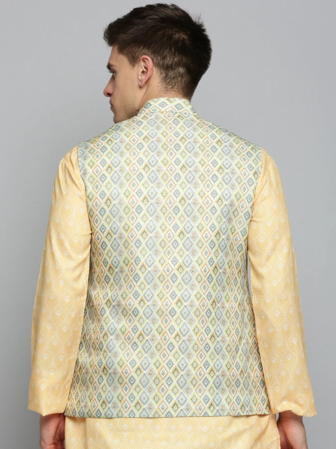 Lime Green Printed Nehru Jacket | Mens Kurta Pajama Sets