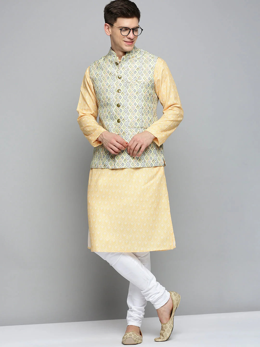 Lime Green Printed Nehru Jacket | Mens Kurta Pajama Sets