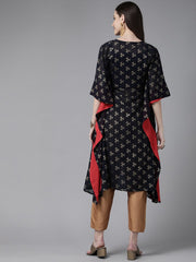 Navy Blue Georgette Gold Printed Kaftan Kurta-AHKFGRFP-6025